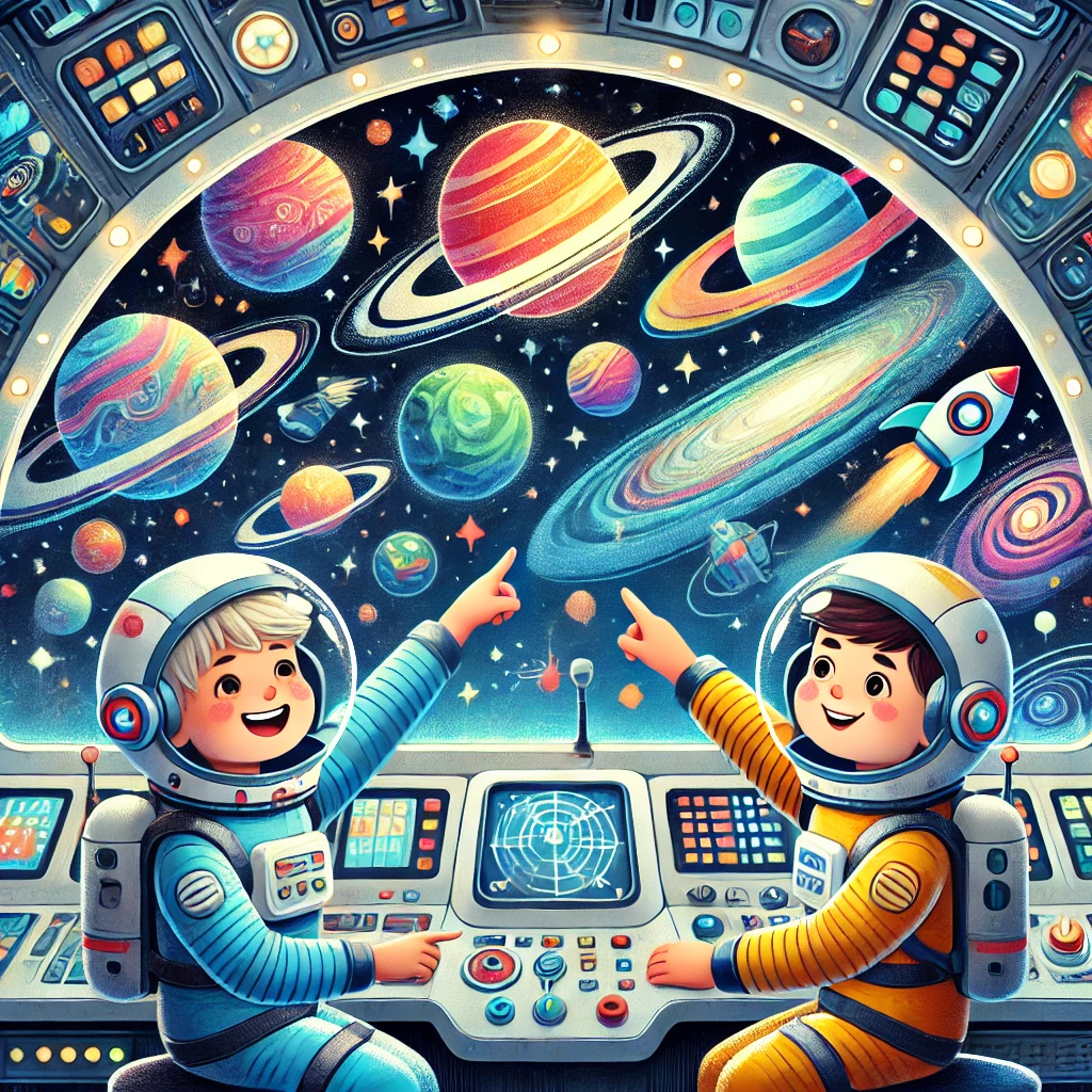 DALL·E 2024-07-02 17.41.11 - A whimsical and imaginative illustration of a young boy and girl on a space adventure. They are inside a colourful, futuristic spaceship with large wi