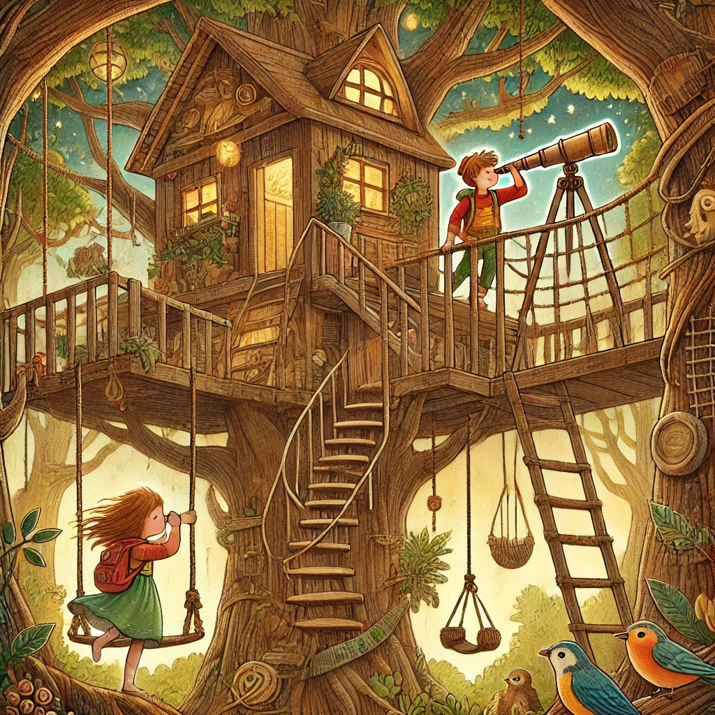 DALL·E 2024-07-02 17.43.35 - A vibrant and imaginative illustration of a young boy and girl inside a giant treehouse. The treehouse is filled with multiple levels, rope bridges, s